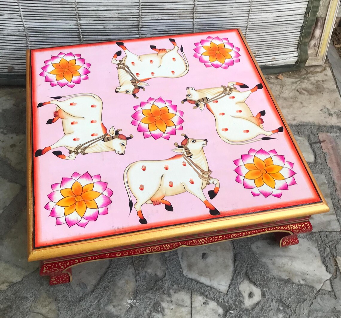 Chogwi Cow Painted Chowki, Embossed Work Chowkis, Wooden Traditional Hand ...