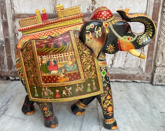 Mughal tijdperk handgeschilderde olifant standbeeld, Indiase handwerk, cadeaus voor kunstliefhebbers, dierensculptuur, decoratief beeldje, rustieke kunst, woondecoratie