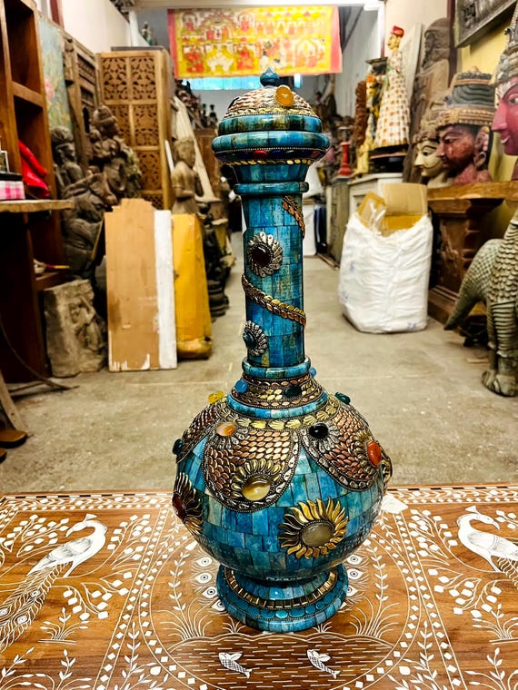 八宝象嵌　彫刻　珊瑚　翡翠　玉石　置物　インテリア　工芸品　美術品　A2624 手作りのターコイズモザイク、セミボーンポット、貴重な宝石の象嵌