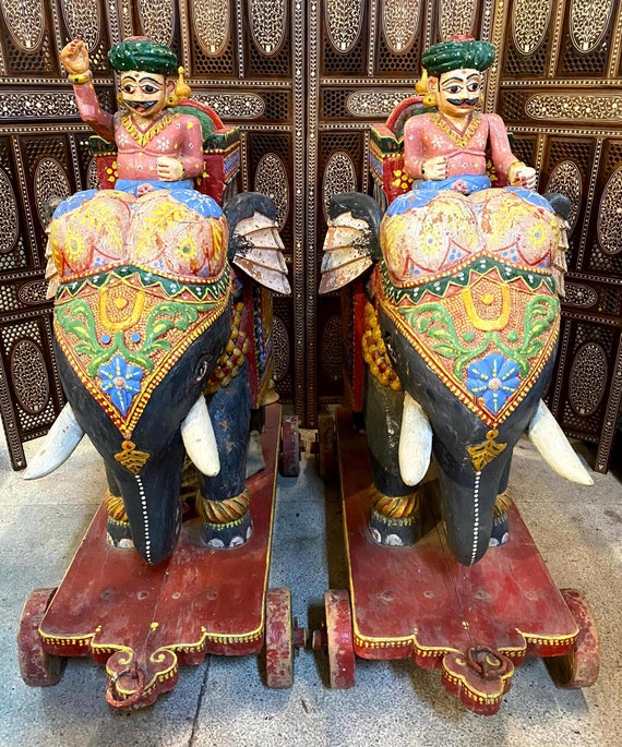 Vintage Painted Elephant With Riders on Wheels, Collectible Art