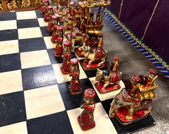 Handmade Indian Maharajah-style wooden chess set, Wooden Chess Set 59 cm Board, Handcrafted Board, Inlaid Wood Chess, Game Gift Set