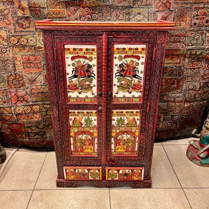 2 Door Cabinet, Indian Decorative Wardrobe,Wood Painted Almirah,Cupboard,Indian Ethnic Style,Bedroom Furniture,Collectible Art,Bedside Table