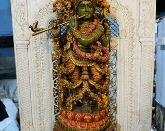 Ídolo colorido de Krishna, estatua de dios hindú, estatua de polvo de mármol de Krishna, decoración de entrada, estatua de mármol de Krishna, estatua de mármol pintada a mano