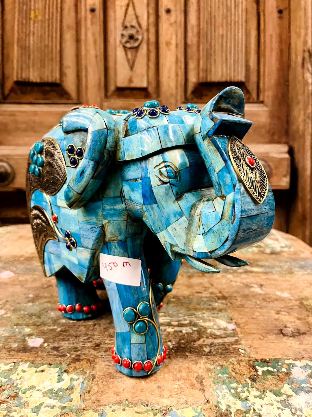 Blue Stone Elephant, With Ornate Metal, Coral Detailing Turquoise