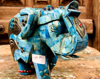 Blue Stone Elephant, With Ornate Metal, Coral Detailing Turquoise