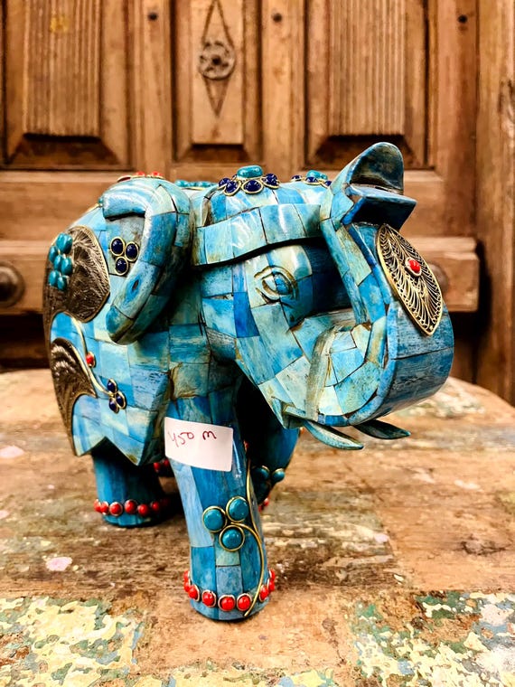 Blue Stone Elephant, With Ornate Metal, Coral Detailing Turquoise