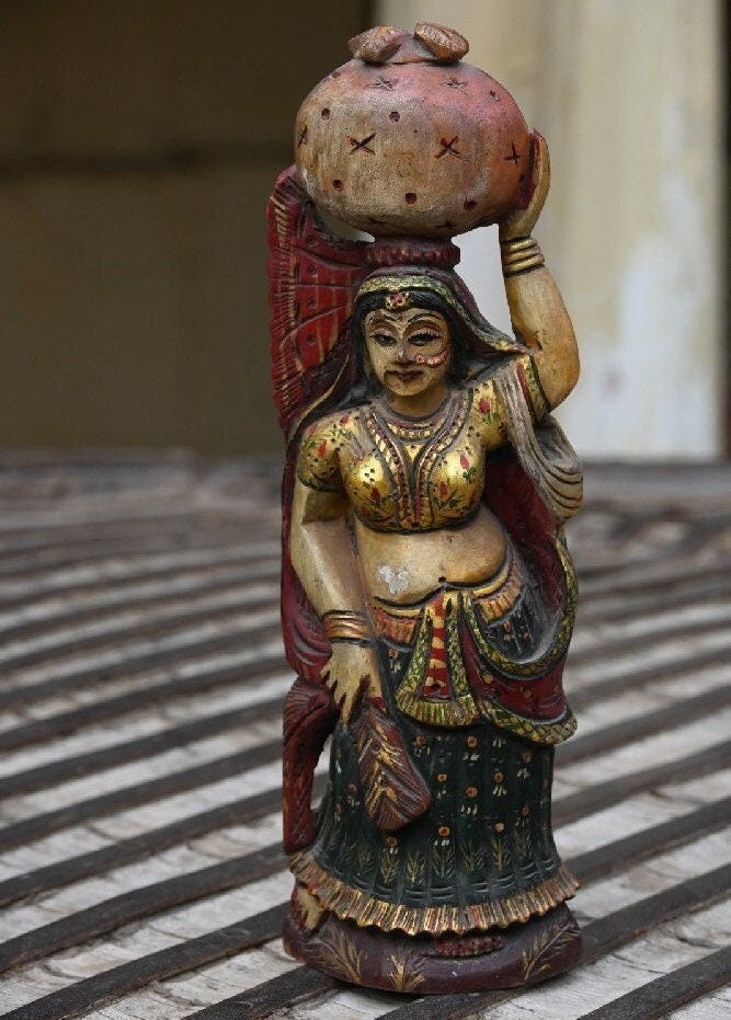 Hand Painted Rajasthani Lady With Pitcher Statue, Wooden Indian
