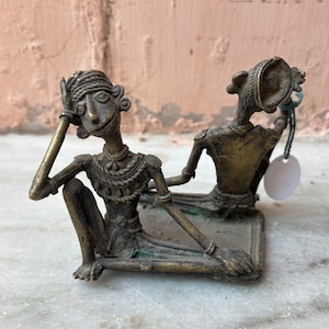 Bronze Hand Craved Sitting 2 Trible Man Figurine, Vintage Tribal Art, Dhokra Art,Ebony Figure,African Art Gift,Collectible Statue,Bastar Art