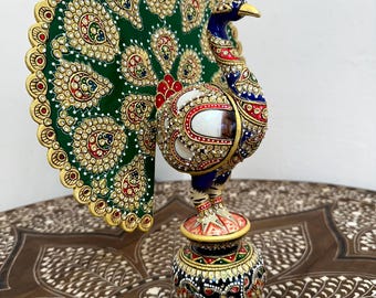 Hand painted, Bird Figurine, Rajasthani Boho Decor, Designer Peacock Statue, Wooden dancing peacock, Colorful Peacock, Decorative Peacock