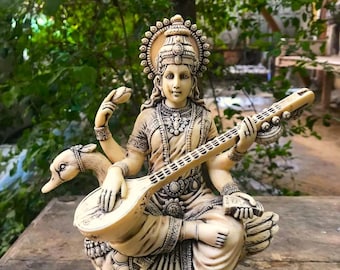 Hans Saraswati Idol, Marble Dust Maa Saraswati Statue, Temple Decor, Music & Wisdom, Brahma wife Saraswati Idol, Hindu Goddess of Music Art