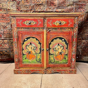 Indian Decorative Wardrobe, Wood Painted Almirah,2 Door Cabinet,Cupboard,Indian Ethnic Style,Bedroom Furniture,Collectible Art,Bedside Table