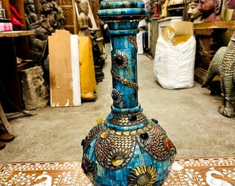 八宝象嵌　彫刻　珊瑚　翡翠　玉石　置物　インテリア　工芸品　美術品　A2624 手作りのターコイズモザイク、セミボーンポット、貴重な宝石の象嵌