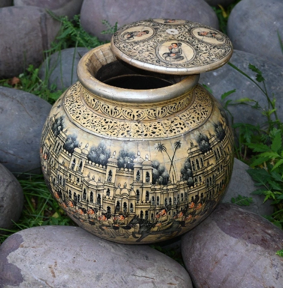 水指■英作 龍鳳繪 寿 阿曽窯 はなぎ 龍紋 漆器蓋 水さし 時代物 骨董品■ Handmade Bone Inlay Pot With Lid, Hand Drawn Mughal