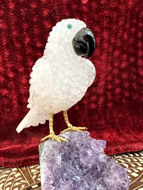 Amethyst Base Rare Luxury Crystals Bird, Hand Carved Parrot