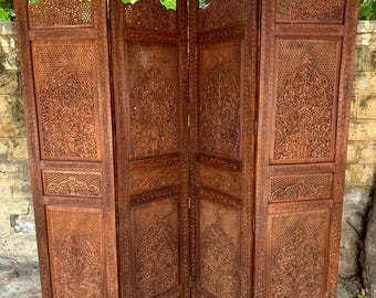 Handgemaakte sheeshamhouten scheidingswand in soevereine stijl, houten scheidingswand met 4 panelen, opvouwbaar paneel, decoratieve scheidingswand, muurscheidingswand