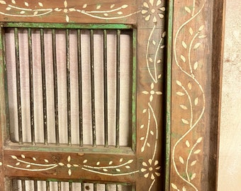 Old Iron Bars Painted Wooden Door, Hand Carved, Indian Door Old Iron Bars Painted Wooden Door, Hand Carved, Indian Door