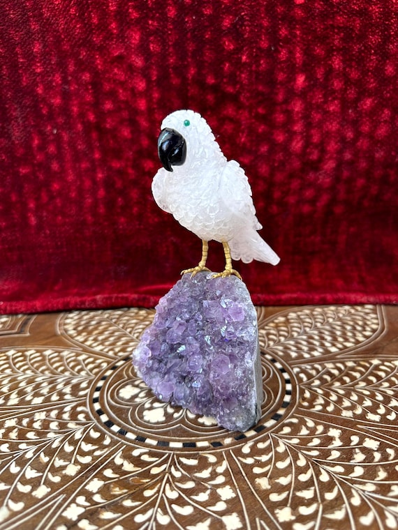 Amethyst Base Rare Luxury Crystals Bird, Hand Carved Parrot