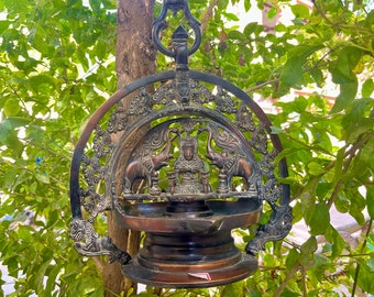 Traditional Oil Lamp, Bronze Hanging Diya with Chain, Bronze Oil Diya Lamp, Mandir Temple Decor, Good Luck Gift, Pooja Dia, Diya for Home