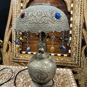 Hand Carving Lamp for Room decor, Silver with lapis stone lamp, Nightstand Silver Lamp, Vintage Night Lamp, Handmade German Silver Lamp