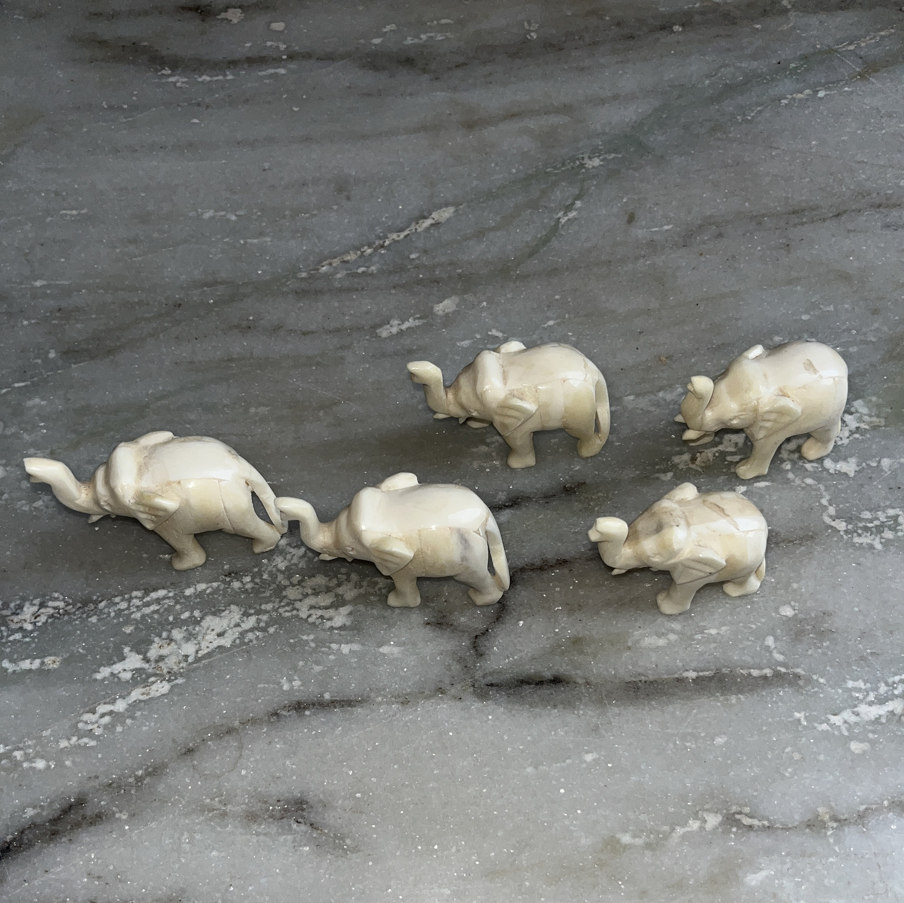 美しい白い大理石の象の置物5体セット。ギフト、装飾像、手彫りの像