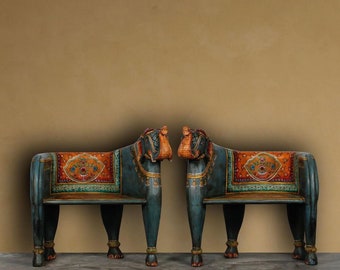 Vintage Look Hand Painted Elephant Animal Chair, Wooden Horse Chair,Maharaja Indian Chair,Accent Furniture,Chairs and Sofas,Ethnic Chair Art