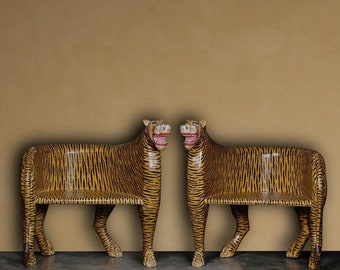 Ethnic Chair Art, Maharaja Indian Chair, Vintage Look Hand Painted Tiger Animal Chair, Wooden Horse Chair, Accent Furniture,Chairs and Sofas