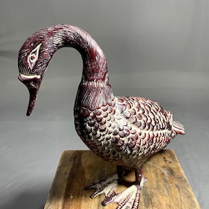 Painted Duck, Rustical Duck, Hand craved Bronze Duck, Elegant Duck, Bird Statue, Duck Figurine, Red Decorative Duck Sculpture, Garden Decor