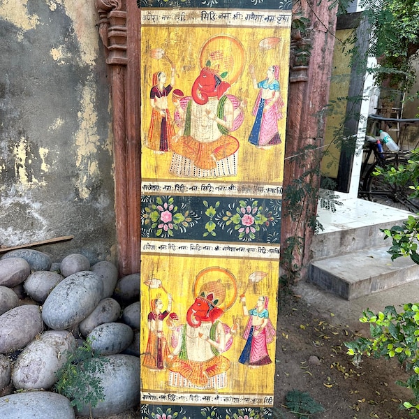 Panel Ganpati, Panel Vintage Ganesha, Panel ścienny z indyjskim bogiem, Drewniana dekoracja ścienna, Sztuka ścienna boho, Panel ścienny z drewna, Indyjska sztuka ścienna