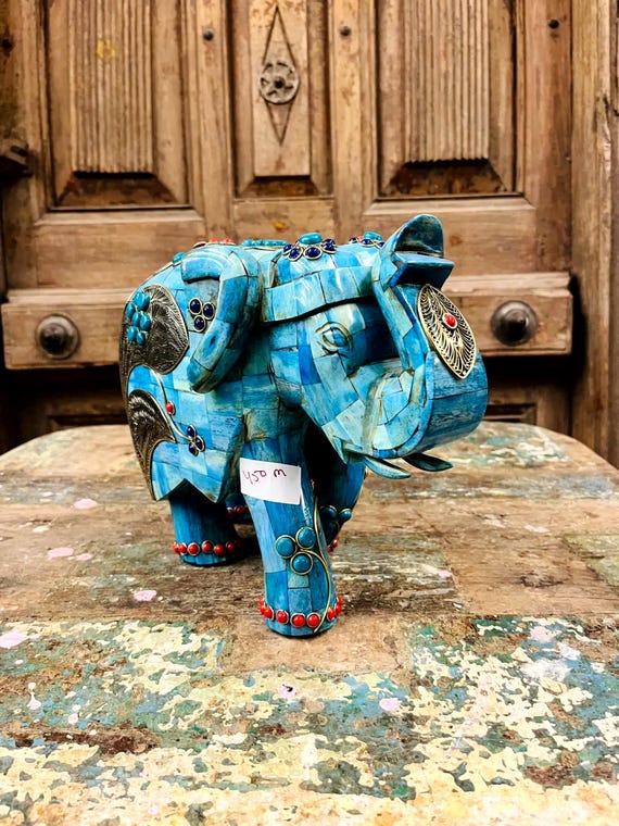 Blue Stone Elephant, With Ornate Metal, Coral Detailing Turquoise
