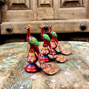 Red Peacock Figurines, set of 3 Handcrafted wooden peacock decor painted peacock statue ethnic home decor Indian, handicraft table decor