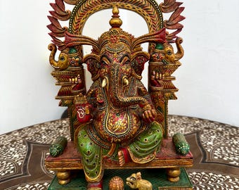 Painted Wooden Ganesha, Hindu art, Lord Ganesha idol Wood sculpture, Wood carving Ganapati, Temple Decor, Ganesh statue, Hand painted murti