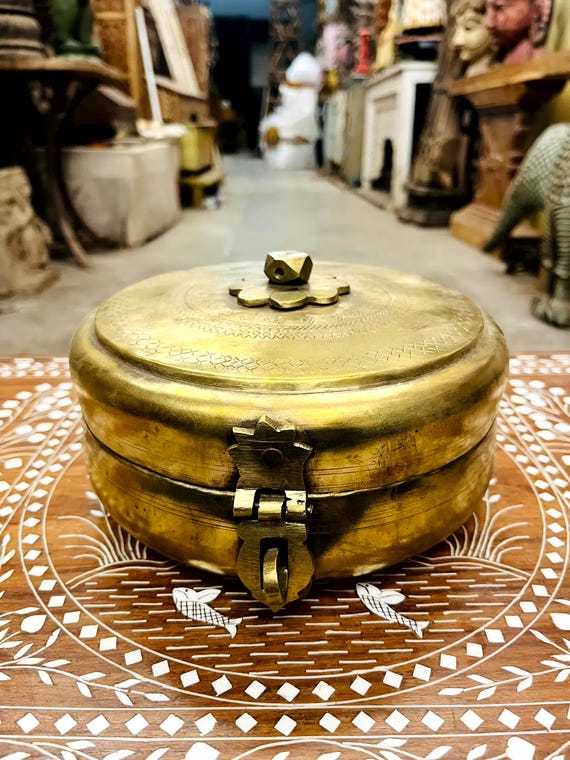 Vintage Brass Box, Antique; Brass Container; Handcrafted Round