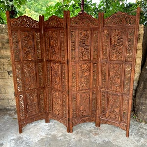 Eastern Style Handmade Flora Sheesham Wood Room Divider, 4 Panel Wooden Room Divider, Folding Panel, Decorative Room Separator, Wall Divider