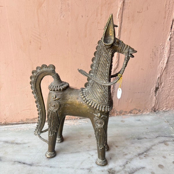 Old Art Piece, Bronze Horse Standing Statue, Tribal Art, Dhokra Art, Ebony Figure, African Art Gift, Hand Carved, Collectible Sculpture