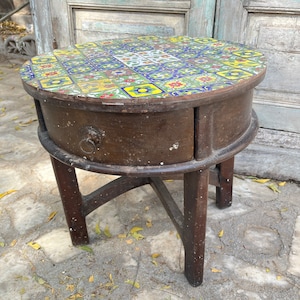 Wooden Folk art Painted Furniture, Round Coffee Table, Decorative Chest,Side Table,Indian Handicraft,Collectible Art,Home Decor,Corner Table