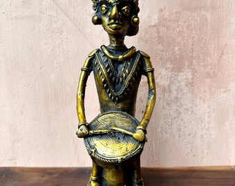 Tribal lady Art, African Art, Collectible Statue, Bastar Art, Goldish Tribal Lady with Drum, Bronze Hand Craved Sitting Tribal Lady Figurine