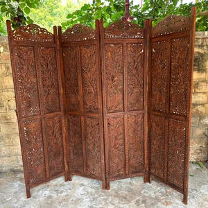 Hand Carved Floral Design 4 Panel Teakwood Room Divider Free Standing Folding Wood Panel, Folding Screen, Decorative Room Separator