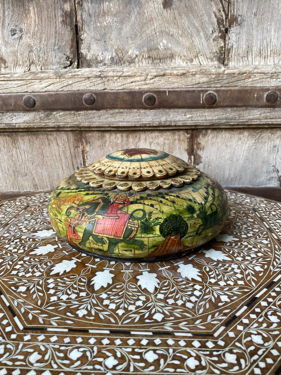Mughal Painting Box, Old Teak Wood Bone Inlay Opium With Lid Box