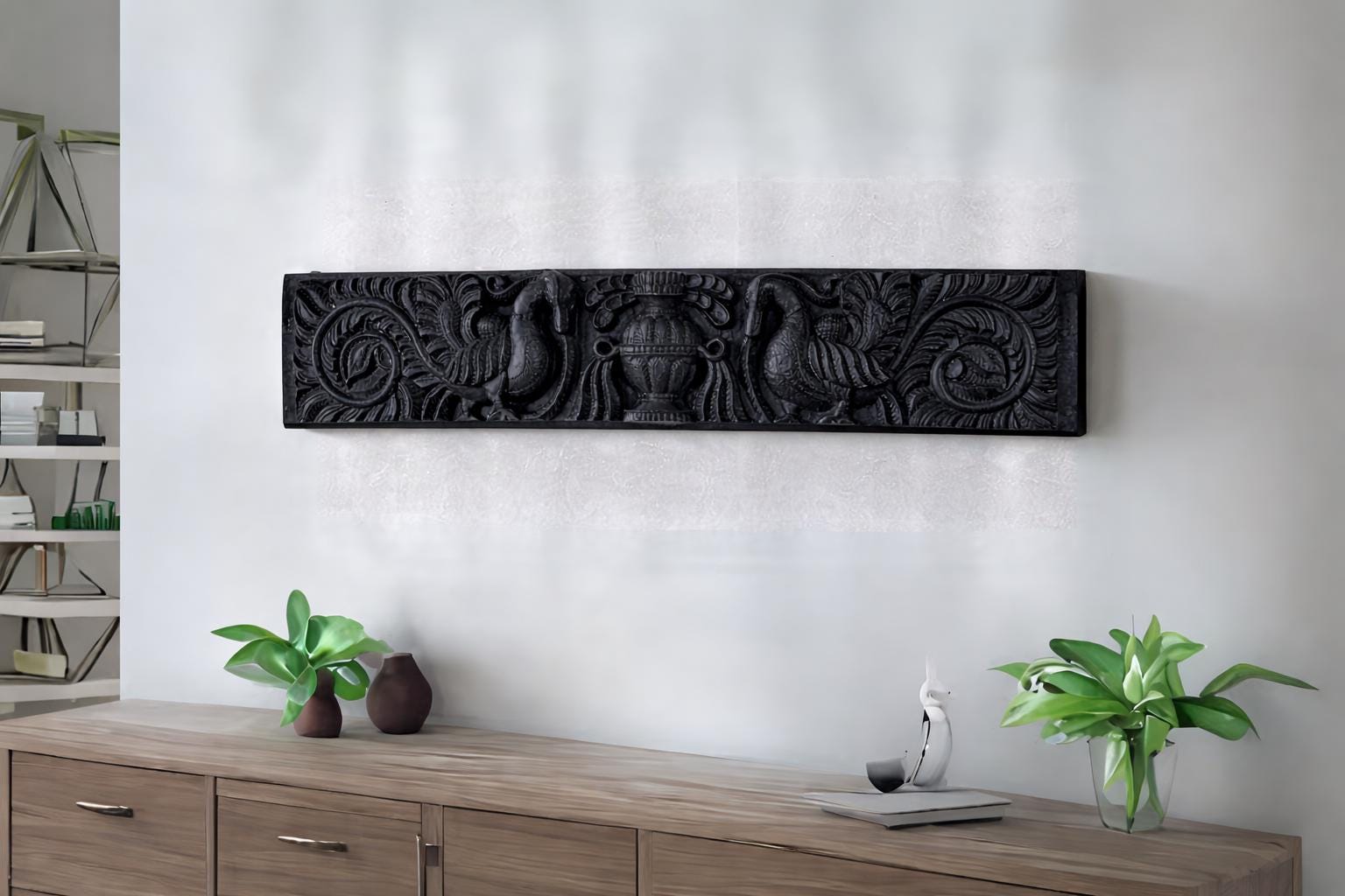 Peacock Relief Carving Wooden Panel, Wall Wood Carved Panel ...