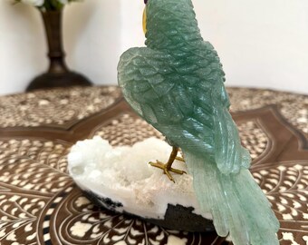 Decorative Parrot Figurine, Green Quartz Parrot, Amethyst Base