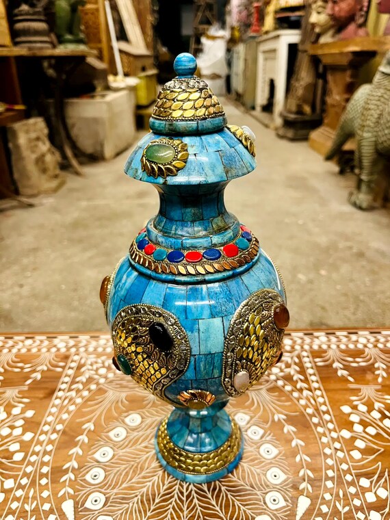 骨石細工の鉢、ターコイズの象嵌鉢、インドの手工芸品の鉢、民族装飾の