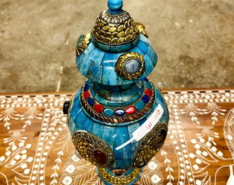 骨石細工の鉢、ターコイズの象嵌鉢、インドの手工芸品の鉢、民族装飾の