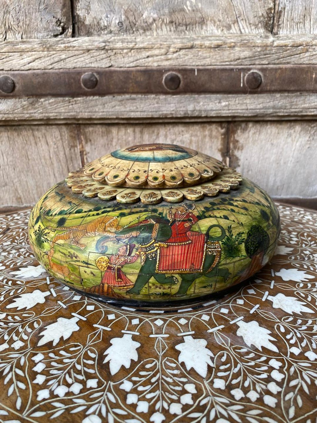 Mughal Painting Box, Old Teak Wood Bone Inlay Opium With Lid Box