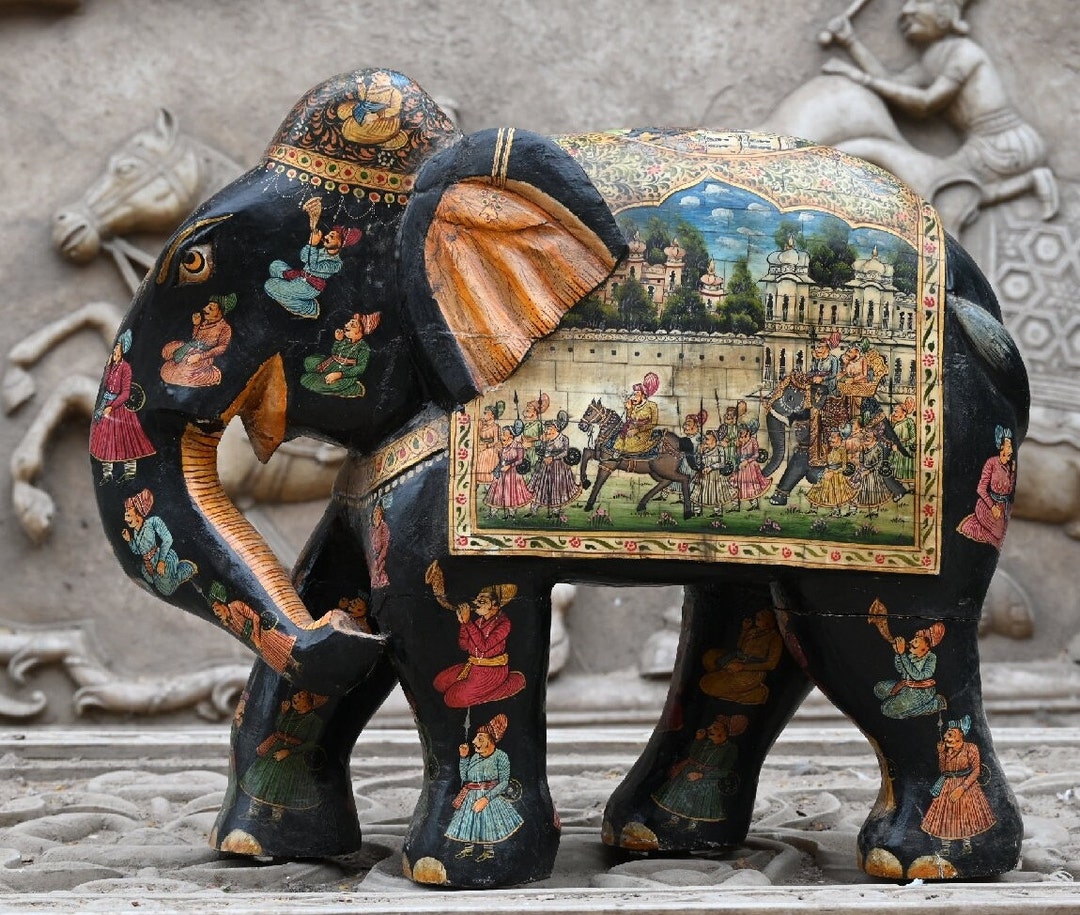 Wooden Bone Inlay Painted Elephant Statue, Elephant Showpiece