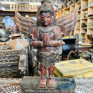 Standing Hand craving Garuda Statue, Hand painted Old Wooden Garuda Figurine, Garuda Statue, Lord Vishnu Vehicle Statue, Lord Garuda Idol