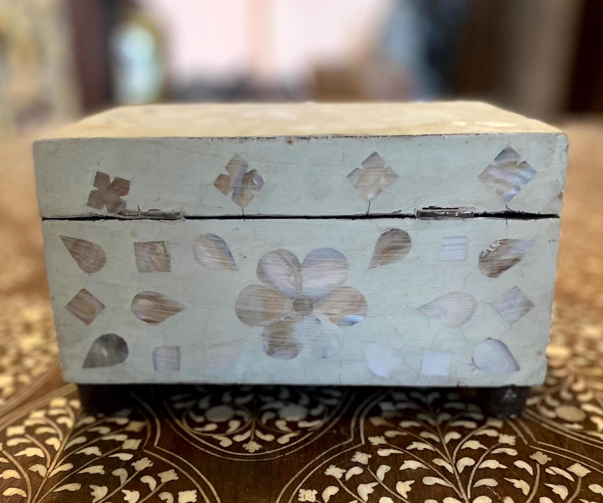 ティール色の花柄象嵌細工小物入れ　アンティーク　イタリア製 ティール色の花柄象嵌細工小物入れ アンティーク イタリア製 【公式通販】
