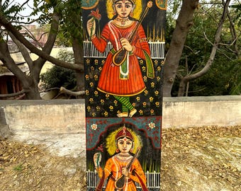 Rajasthan-kunstwerk, Dame met Vina schilderij, kunst aan de muur decor, muurschildering, houten paneel, lijst, muur hangen, kunst aan de muur, deur, antiek decor