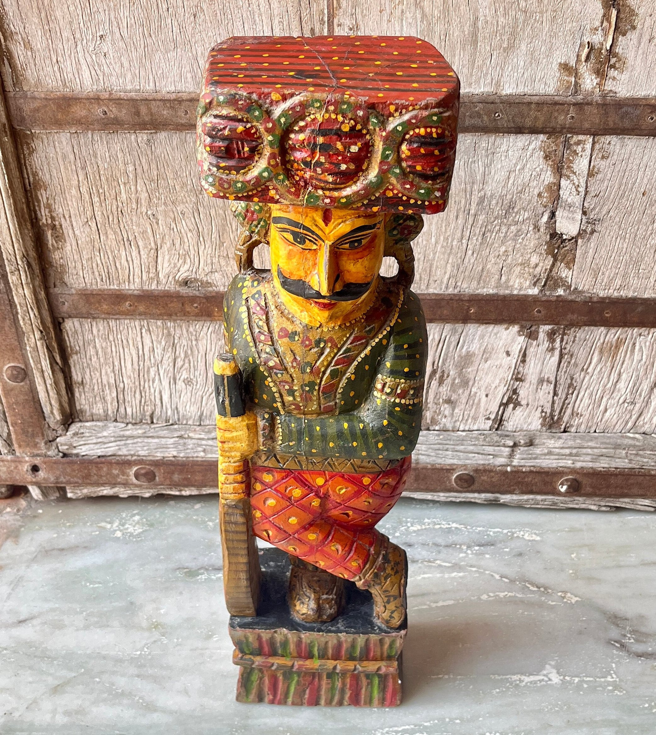 Wooden Carved Painted Watchman Statue, Indian Ethnic Art