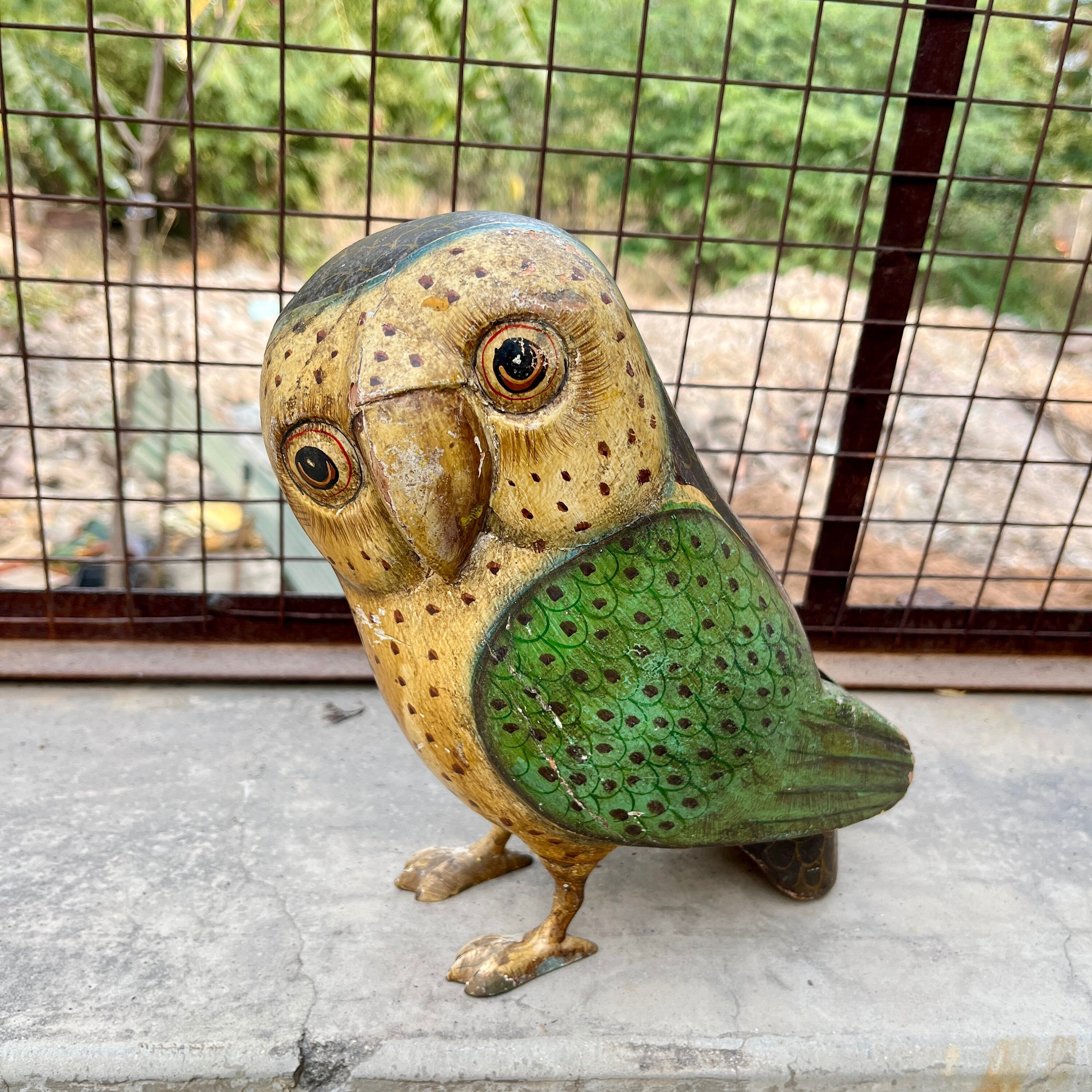 Wooden Hand Painted Owl Bird Statue, Animals Collectible, Decorative Figurine, Owl Sculpture, Vintag