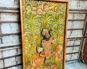 Shri Krishna Wooden frame, Krishna painting, 3D woods art decor, Relief Carving, Wall Decor, Panel, Wall Screen, Religion, Hindu God, Prayer